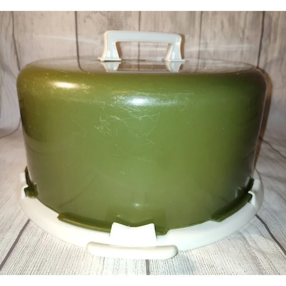 Vintage Avocado Green Cake Carrier/Holder w/handle - Base, Lid/w/flaws Plastic